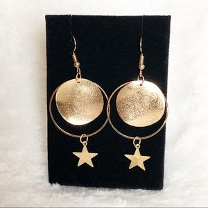 Gold Star Textured Dangle Drop Earrings